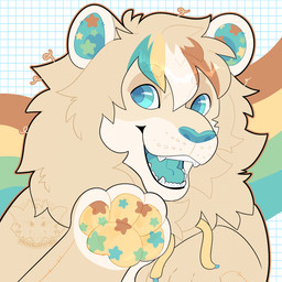 anthro blue_eyes blue_nose blue_tongue fur male markings plushie solo star_(marking) starburst_(noodlethings) stitch_(sewing) tan_body tan_fur teeth tongue noodlethings felid lion mammal pantherine hi_res