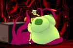 belly big_belly big_breasts bottomwear box breasts clothing container female footwear green_body green_skin hair huge_belly huge_breasts hyper hyper_belly hyper_breasts legwear nipples not_furry red_eyes shoes skirt socks solo tentacles text white_hair dunennite skullman777 disney wander_over_yonder alien humanoid absurd_res hi_res