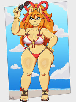 anthro big_breasts bikini bikini_bottom bikini_top breasts clothed clothing eyebrows eyelashes eyewear female fur glasses hair long_hair orange_hair simple_background solo swimwear two-piece_swimsuit nidozard rinarooni undertale undertale_(series) undertale_yellow ceroba_ketsukane canid canine fox mammal hi_res