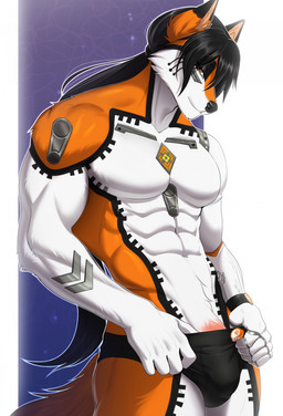 5_fingers abs anthro athletic athletic_anthro athletic_male barely_visible_genitalia barely_visible_penis black_hair black_nose bulge clothed clothing cybernetics fingers fur genitals hair machine male multicolored_body multicolored_fur muscular muscular_male navel orange_body orange_fur penis smile solo speedo standing swimwear topless topless_anthro topless_male two_tone_body two_tone_fur water white_body white_fur amur kamikaze_otium canid canine canis cyborg fox hybrid mammal wolf hi_res