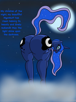 anthro anthrofied ass_up big_breasts big_butt biped blue_body blue_fur blue_skin both_cutie_marks breasts butt butt_pose dialogue female female_anthro fur hair hands_on_knees hands_on_legs horn kneeling looking_at_viewer looking_back mane mature_anthro mature_female moon multicolored_hair nude nude_anthro nude_female open_mouth open_smile outdoor_nudity outside pose presenting presenting_hindquarters raised_tail rear_view royalty smile smiling_at_viewer solo standing_on_cloud tail talking_to_viewer text unicorn_horn wings boman100 friendship_is_magic hasbro my_little_pony mythology princess_luna_(mlp) equid equine horse mammal mythological_creature mythological_equine pegasus pony winged_unicorn hi_res