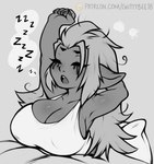 big_breasts breasts cleavage clothed clothing female not_furry running_makeup shirt sleeping solo sound_effects topwear vowelless vowelless_sound_effect zzz guttybee goblin humanoid absurd_res hi_res