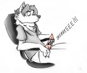 anthro biped bottomless chair clothed clothing dickface erection furniture genitals humor jewelry knot male necklace o_o office_chair penis pun shirt simple_background sitting snarling solo surprised talking_penis topwear visual_pun what what_has_science_done white_background worried dragondrawer canid canine canis mammal wolf digital_media_(artwork) spot_color