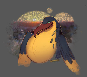 avian_feet beak black_body black_feathers countershading feathered_wings feathers green_eyes orange_body wings yellow_body yellow_feathers tigersnowflake nintendo pokemon skua_(gyro) avian bird generation_9_pokemon kilowattrel pokemon_(species) hi_res