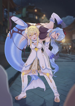 accessory anus bare_shoulders bell bell_collar black_clothing black_gloves black_handwear blonde_hair blue_body blue_eyes blue_hair blue_scales blush bodily_fluids boots clothed clothing collar detailed_background embarrassed female fin flower flower_in_hair footwear genitals gloves hair hair_accessory handwear holding_another holding_up horn long_hair looking_at_viewer mermaid_tail open_mouth partially_clothed plant scales shoes split_form tail tail_fin tears torn_clothing vulva white_boots white_clothing white_footwear yellow_eyes ediacaran_waste genshin_impact mihoyo ganyu_(genshin_impact) lumine_(genshin_impact) adeptus_(genshin_impact) aquatic human humanoid mammal merfolk absurd_res hi_res