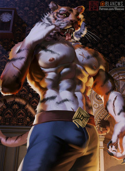 abs anthro areola belt biped black_body black_fur black_stripes bodily_fluids bottomwear bulge chest_scar clock clothed clothing eye_scar facial_scar fur inside low-angle_view male muscular muscular_anthro muscular_male navel nipples open_mouth orange_body orange_fur pants pecs pose saliva scar solo standing striped_body striped_fur stripes tail teeth text tongue tongue_out topless whiskers white_body white_fur blancws epic_games fortnite oscar_(fortnite) felid mammal pantherine tiger 2025 absurd_res digital_media_(artwork) hi_res url
