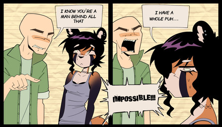 anthro bald black_hair choker clothing dialogue duo green_clothing green_jacket green_topwear hair homophobia jacket jewelry male necklace shirt tank_top text topwear transphobia witchpanda cavemanon_studios snoot_game anon_(snoot_game) witchpanda_(character) ailurid human mammal red_panda comic english_text hi_res nonbinary_(lore)