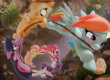 blonde_hair blue_eyes clenched_teeth cutie_mark female feral freckled_face freckles green_eyes group hair horn multicolored_hair open_mouth open_smile orange_body pink_body pink_hair purple_body purple_eyes purple_hair rainbow_hair rope scared smile teeth white_body wings yellow_body hooves-art friendship_is_magic hasbro my_little_pony mythology applejack_(mlp) fluttershy_(mlp) pinkie_pie_(mlp) rainbow_dash_(mlp) rarity_(mlp) twilight_sparkle_(mlp) earth_pony equid equine horse mammal mythological_creature mythological_equine pegasus pony unicorn 2025 3d_(artwork) absurd_res digital_media_(artwork) hi_res