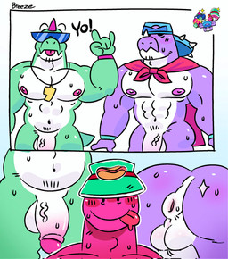abs backsack balls blush blush_lines butt cape clothing eyewear genitals glistening glistening_butt greeting group hat headgear headwear male male/male muscular muscular_male nipples nude penis puckered_anus sunglasses tail tongue tongue_out trio vein veiny_penis beexsxbbq brawl_stars supercell_(company) buzz_(brawl_stars) doug_(brawl_stars) pierce_(brawl_stars) dinosaur prehistoric_species reptile scalie comic hi_res