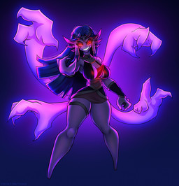 accessory big_breasts blue_hair bottomwear breasts claws clothing collar cuffs_(clothing) egyptian egyptian_clothing extra_limbs eyeshadow female ge hair headband jewelry legband legwear long_hair makeup markings medallion metal purple_arms purple_background purple_body purple_clothing red_eyes simple_background skirt smile smiling_at_viewer solo topwear white_body wide_hips twistingtoxic nintendo pokemon sada_(nickzilla) cofagrigus gardevoir generation_3_pokemon generation_5_pokemon humanoid hybrid pokemon_(species) 2023 hi_res