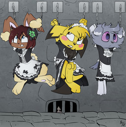 accessory ambiguous_gender anthro apron biped black_clothing black_dress black_nose bound bow_accessory brown_body chain chained cheek_tuft chest_tuft clenched_teeth clothed clothing cuff_(restraint) digitigrade dipstick_ears dress ear_markings ear_tuft empty_eyes facial_tuft female feral flower flower_in_hair front_view grey_body group hair hair_accessory head_tuft inside larger_anthro looking_at_another looking_up maid_headdress maid_uniform multicolored_ears plant quadruped restraints rosy_cheeks shackles size_difference smaller_feral teeth thousand_yard_stare trio tuft uniform white_apron white_clothing yellow_body fuf nintendo pokemon buneary espurr generation_1_pokemon generation_2_pokemon generation_4_pokemon generation_6_pokemon pichu pokemon_(species) rattata 2019 hi_res