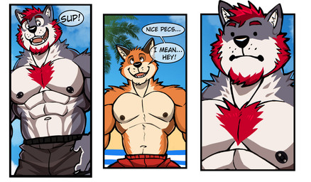 abs anthro barazoku beach beard biceps big_muscles big_pecs body_hair chest_hair claws clothed clothing day dialogue dot_eyes duo eyebrows facial_hair fur hair huge_muscles humor male muscular muscular_anthro muscular_male navel nipple_piercing nipples obliques open_mouth open_smile outside palm_tree pecs piercing plant seaside simple_eyes size_difference sky smile swimming_trunks swimwear teeth text three_frame_image tongue topless topless_anthro topless_male tree tuft darknaigart canid canine canis fox mammal wolf 2023 absurd_res comic english_text hi_res multiple_scenes