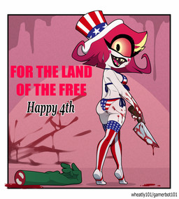 1_eye american_flag_bikini american_flag_hat american_flag_stockings bikini black_lips blood blood_drip blood_on_arm blood_on_face blood_on_hand blood_on_knife blood_on_thigh blood_spatter blush blush_stickers bodily_fluids border clothing cutlery dripping eyelashes female flag_bikini flag_swimwear gore green_body green_skin hair holidays kitchen_knife kitchen_utensils knife legwear lips looking_at_viewer looking_back looking_back_at_viewer not_furry open_mouth open_smile pink_sclera rear_view red_hair severed_arm severed_body_part severed_limb sharp_teeth short_hair smile solo standing_on_tiptoes stirrup_legwear stirrup_stockings stockings swimwear teeth text thick_eyelashes thigh_highs tools two-piece_swimsuit white_border yellow_eyes barryfactory 4th_of_july hazbin_hotel hellaverse niffty_(hazbin_hotel) uncle_sam cyclops demon humanoid 2024 absurd_res english_text hi_res