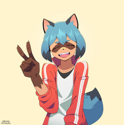 anthro black_ears blue_hair blue_tail brown_markings claws clothed clothing dipstick_hair dipstick_tail female finger_claws gesture gloves_(marking) hair hand_gesture jacket markings open_clothing open_jacket open_mouth open_smile open_topwear pink_tongue pointy_ears prick_ears red_clothing red_jacket red_topwear shirt simple_background smile solo stripes tail tail_markings tan_body tan_skin teeth tongue topwear v_sign white_clothing white_shirt white_stripes white_topwear yellow_background crocodoodles brand_new_animal studio_trigger michiru_kagemori canid canine mammal raccoon_dog tanuki absurd_res hi_res signature