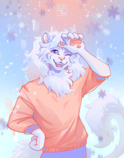 ambiguous_anthro ambiguous_gender anthro clothed clothing fur gesture hand_over_head happy mane smile solo sparkles white_body white_fur dzmaylon tass_(tassy) felid hybrid liger lion mammal pantherine tiger absurd_res hi_res