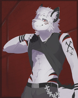 abs anthro armpit_hair armpit_tuft belt black_body black_fur body_hair clothed clothing clothing_lift fence fluffy fluffy_tail fur fur_markings hair half-closed_eyes looking_at_viewer looking_back looking_back_at_viewer looking_down looking_pleasured male markings multicolored_body multicolored_fur muscle_tone muscular narrowed_eyes raised_clothing raised_shirt raised_topwear red_background red_body red_eyes red_fur seductive shirt shirt_lift simple_background solo standing stripes tail tank_top topwear white_body white_fur white_hair s6ftmutt canid canine canis mammal wolf 4:5 bust_portrait half-length_portrait hi_res portrait