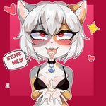 anthro blush bodily_fluids breasts cum cum_on_tongue dialogue female fur genital_fluids grey_body grey_fur hair red_eyes requesting speech_bubble text tongue white_body white_fur white_hair yellow_body yellow_fur tutifruti_(artist) arcanis_(hahaluckyme) calico_cat domestic_cat felid feline felis mammal 1:1 absurd_res artist_name digital_media_(artwork) english_text hi_res