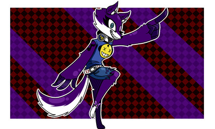 anthro barefoot belt blue_eyes bottomwear clothed clothing denim denim_bottomwear denim_clothing denim_shorts electronics feet female fur gesture hair hand_gesture headphones long_tail outline pointing pointing_up purple_body purple_fur purple_hair sharp_teeth shirt shorts smile smiley_face solo spiral spiral_eyes tail tank_top teeth topwear nelljoestar giennah_(nelljoestar) canid canine fox mammal 2016 5:3 digital_media_(artwork) hi_res