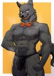 abs anthro balls black_body black_fur black_nipples black_nose bow_tie bulge clothing detailed_bulge exhibitionism fangs fluffy fluffy_tail fur genitals humanoid_genitalia kemono looking_at_viewer male muscular muscular_anthro muscular_male nipples pecs penis pointy_ears shirtless_male simple_background solo stripper tail teeth thong underwear vein veiny_penis uro0000 canid canine canis mammal wolf absurd_res hi_res