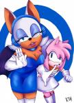 anthro breasts cleavage clothed clothing cosplay duo electronics female footwear fur gloves green_eyes hair handwear headphones looking_at_viewer makeup one_eye_closed open_mouth smile teeth tongue white_clothing white_gloves white_handwear wings wink rokkerth sega sonic_the_hedgehog_(series) space_channel_5 amy_rose rouge_the_bat bat eulipotyphlan hedgehog mammal absurd_res hi_res