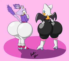 accessory anthro armwear bat_wings big_butt black_bodysuit black_clothing black_eyebrows black_nose black_skinsuit black_tail black_wings blue_eyeshadow bodysuit bottomwear butt butt_squish clothing coat duo elbow_gloves eyebrows eyelashes eyeshadow female footwear forehead_gem gem gloves hair hair_accessory hairband hand_on_butt hand_on_own_butt handwear huge_butt hyper hyper_butt looking_at_butt looking_at_own_butt looking_back looking_back_at_self makeup membrane_(anatomy) membranous_wings open_mouth pants pink_background pink_clothing pink_footwear pink_shoes purple_body purple_clothing purple_coat purple_ears purple_hair purple_tail purple_tailcoat purple_topwear rear_view red_gem red_hairband red_mouth red_tongue scut_tail shoes short_tail simple_background skinsuit snaggle_tooth squish tail tailcoat tan_body tan_inner_ear teal_eyes tight_clothing tongue topwear white_armwear white_bottomwear white_clothing white_ears white_elbow_gloves white_footwear white_gloves white_hair white_handwear white_pants white_shoes wings yellow_eyes babublue sega sonic_the_hedgehog_(series) blaze_the_cat rouge_the_bat bat domestic_cat felid feline felis mammal 2013 cel_shading colored digital_media_(artwork) hi_res shaded signature