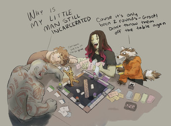 beard board_game clothing dice facial_hair female green_body green_skin group hoodie male open_mouth orange_clothing orange_hoodie orange_topwear plant tongue tongue_out topwear tree vhsthethird guardians_of_the_galaxy marvel monopoly drax_the_destroyer gamora groot peter_quill rocket_raccoon alien human humanoid mammal procyonid raccoon hi_res