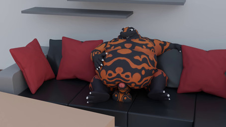 anthro balls belly belly_jiggle big_balls big_belly black_body claws finger_claws fingers furniture genitals hand_on_belly jiggle_physics jiggling male nude obese obese_anthro obese_male orange_body overweight overweight_anthro overweight_male penis sitting sofa solo spread_legs spreading throbbing throbbing_penis yentrix gali_the_gila_(yentrix) gila_monster helodermatid lizard reptile scalie 16:9 2025 3d_(artwork) 3d_animation animated digital_media_(artwork) hi_res no_sound short_playtime video widescreen
