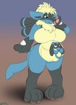animal_plushie animate_inanimate anthro big_breasts breasts digitigrade duo female generation_4_pokemon gradient halcy0n hi_res in_pouch living_plushie lucario nintendo pawpads plushie pokemon pokemon_(species) pokemon_plushie pouch_(anatomy) riolu seam_(sewing) standing