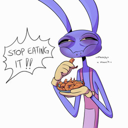 4_fingers allergy anthro bodily_fluids bowl container crumbs crumbs_on_face eating eating_food fingers food male offscreen_character onomatopoeia puffed_cheeks shrimp_(food) solo sound_effects speech_bubble standing swollen_eye tears text screaming_alice glitch_productions the_amazing_digital_circus jax_(tadc) lagomorph leporid mammal rabbit 1:1 hi_res