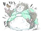 airborne_food airborne_object anthro belly big_belly blue_eyes blush bodily_fluids button_(fastener) button_pop chubby_cheeks claws clenched_teeth clothed clothing dessert double_chin doughnut emanata exclamation_point food fur grey_body grey_fur male moobs motion_lines multicolored_body multicolored_fur navel obese obese_anthro obese_male one_eye_closed overweight overweight_anthro overweight_male pastry pawpads question_mark simple_background solo straining_buttons surprise sweat teeth text topwear torn_clothing torn_topwear two_tone_body two_tone_fur unbuttoned wardrobe_malfunction weight_gain white_background white_body white_fur wince pukkunnnn canid canine canis mammal wolf half-length_portrait japanese_text portrait signature translation_request