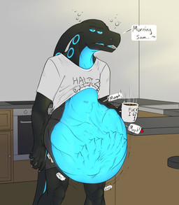 abdominal_bulge anthro anthro_pred belly beverage big_bulge big_tail bottomwear bulge clothed clothing clothing_lift coffee coffee_cup coffee_mug container cup detailed_bulge duo endosoma face_imprint genitals glowing glowing_bulge glowing_eyes glowing_genitalia glowing_penis head_imprint heart_symbol huge_bulge imprint kitchen lling male male_pred morning muffled oral_vore penis predator/prey prey_imprint prey_outline revealing_outfit safe_vore same_size_vore seductive shirt shirt_lift shorts skimpy soft_vore squirming stretchy_belly struggling struggling_prey tail tight_belly tight_bottomwear tight_bulges tight_clothing tight_shorts tight_underwear tired tired_eyes topwear underwear vore willing_prey conditional_dnp samagthrav2 halo_(series) microsoft mythology xbox_game_studios demi derlik paul_(samagthrav2) dragon human humanoid hybrid mammal monster mythological_creature mythological_scalie scalie absurd_res hi_res