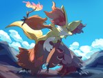 3_fingers 3_toes ambiguous_gender anthro cheek_tuft chest_tuft cloud ear_tuft facial_tuft feet fighting_pose fingers fire fluffy fluffy_tail fur inner_ear_fluff mountain on_model pose red_body red_eyes red_fur red_nose serious sky snout solo stick tail toes tuft white_body white_fur yellow_body yellow_fur fusenryo nintendo pokemon canid canine delphox generation_6_pokemon mammal pokemon_(species) 2025 4:3
