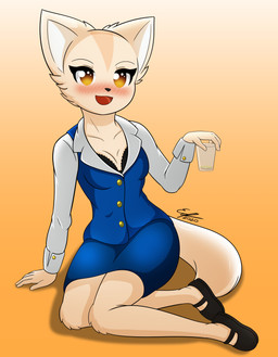 :d anthro bent_arm bent_legs blush bottomwear clothed clothing container cup drunk extended_arm female furgonomics holding_container holding_cup holding_object open_mouth open_smile pencil_skirt pose simple_background sitting skirt smile solo substance_intoxication tail tail_through_skirt yokozuwari willfurr aggretsuko sanrio fenneko canid canine fennec_fox fox mammal true_fox absurd_res hi_res