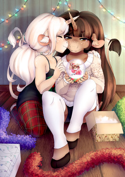 anthro brown_eyes brown_hair clothed clothing duo female freckles gift hair horn hug inside kneeling legwear long_hair nuzzling ponytail romantic romantic_couple sitting smile stockings tail tail_tuft thigh_highs tuft white_hair yuxare mythology equid equine haplorhine hybrid mammal monkey mythological_creature mythological_equine primate unicorn hi_res