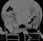 anthro biceps chair clothed clothing duo duo_focus fanfic fanfiction fangs feet furniture group male moon muscular muscular_anthro muscular_male night on_chair sitting sitting_on_chair smile smiling_at_another teeth pinumontbalou epic_games fortnite fennix_(fortnite) volpez_(fortnite) arctic_fox canid canine canis fox mammal red_fox true_fox black_and_white hi_res monochrome brother_(lore) brothers_(lore) sibling_(lore)