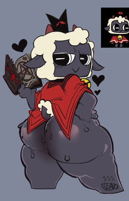 ambiguous_gender anthro bedroom_eyes bell big_butt black_body bodily_fluids book butt clothing fur heart_symbol looking_at_viewer looking_back looking_back_at_viewer narrowed_eyes red_clothing red_robe robe satanic_symbol seductive solo standing sweat sweaty_butt tail wool_(fur) wool_hair ceramicteacup cult_of_the_lamb massive_monster_(studio) lamb_(cult_of_the_lamb) red_crown_(cult_of_the_lamb) bovid caprine mammal sheep absurd_res hi_res