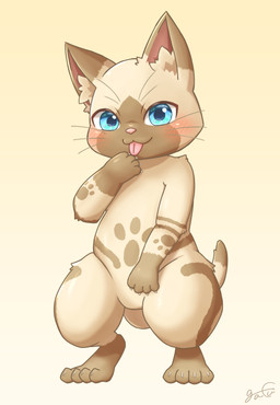 4_fingers 4_toes :3 ambiguous_gender anthro blep blue_eyes blush brown_markings claws dipstick_tail feet finger_claws fingers footprint fur fur_markings hand_lick hindpaw inner_ear_fluff looking_at_viewer markings nude pawprint pawprint_(marking) paws pink_nose semi-anthro simple_background solo tail tail_markings tan_background tan_body tan_fur thick_thighs toe_claws toes tongue tongue_out tuft whiskers wide_crotch gafu0320real capcom monster_hunter felid felyne lynian mammal palico 2025 absurd_res digital_drawing_(artwork) digital_media_(artwork) full-length_portrait hi_res portrait signature