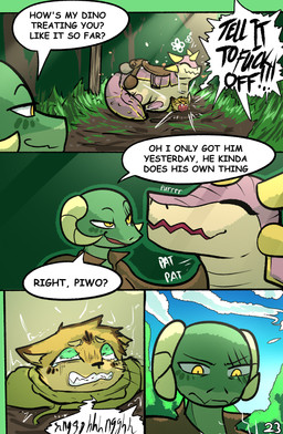 ambiguous_gender anthro clothed clothing dialogue female feral fur group horn lying_on_another scar speech_bubble tail text trio yellow_eyes brradett kat_(irresistable) lernie_(brradett) felid feline mammal scalie absurd_res colored comic digital_media_(artwork) english_text hi_res