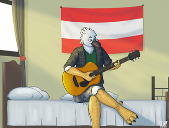 3_toes 5_fingers acoustic_guitar anthro arm_tuft austrian_flag avian_feet barefoot beak bed black_beak black_eyebrows blue_eyes bottomwear camo camo_bottomwear camo_clothing camo_print camo_shorts cheek_tuft chest_tuft clothing curtains curtains_open detailed_background elbow_tuft eyebrows facial_tuft feathers feet fingers flag flag_(object) flag_on_wall flannel_shirt furniture green_clothing green_shirt green_topwear guitar head_feathers head_tuft holding_guitar holding_musical_instrument holding_object knee_tuft leg_tuft looking_down male monotone_body musical_instrument narrowed_eyes on_bed pattern_bottomwear pattern_clothing pattern_shorts pillow playing_guitar playing_music plucked_string_instrument shirt shorts sitting sitting_on_bed solo string_instrument toes topwear tuft white_body white_feathers window jayheartwing accipitrid accipitriform avian bird eagle 2020 shaded signature