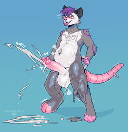 anthro balls big_penis blush ejaculation erection fur genitals grey_body grey_fur hair handles_on_hips heart_symbol inflatable inflatable_transformation male masturbation mid_transformation nozzle_on_belly penis purple_body purple_fur purple_hair solo white_body white_fur heartbeats american_opossum animate_inanimate living_inflatable mammal marsupial virginia_opossum absurd_res hi_res