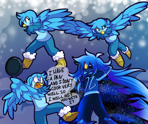 angry anthro armor beak biped blue_body blue_eyes blue_feathers blue_hair boots clothed clothed_anthro clothed_female clothing cookware dialogue eye_through_hair eyebrow_through_hair eyebrows eyelashes feathers female flying footwear frying_pan glowing glowing_eyes hair holding_frying_pan kitchen_utensils multiple_poses open_mouth pose shoes solo speech_bubble standing text threatening tools translucent translucent_hair winged_arms wings yellow_boots yellow_clothing yellow_footwear yellow_sclera nerosenseiut undertale_yellow martlet_(undertale_yellow) martlet_(zenith_form) avian bird english_description english_text full-length_portrait hi_res model_sheet official_art portrait