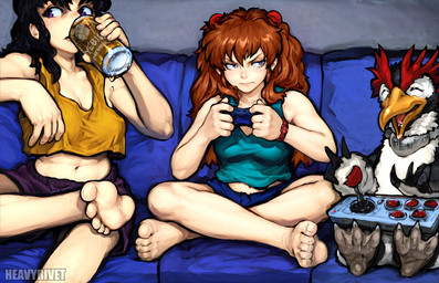 barefoot bottomwear cheerful clock clothing controller drinking_beer feet female feral fight_stick furniture gaming group grumpy hair holding_controller holding_object male on_sofa playing_video_game red_hair shirt shorts sitting sitting_on_sofa slice_of_life sofa tank_top topwear trio watch wristwatch heavyrivet neon_genesis_evangelion asuka_langley_soryu misato_katsuragi pen_pen_(evangelion) avian bird crested_penguin fiordland_penguin human mammal penguin