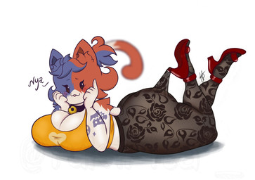 anthro arm_tattoo arm_tuft bell bell_collar big_breasts big_butt blush breasts butt cat_smile cheek_tuft cleavage clothed clothing collar facial_tuft female fishnet_clothing fishnet_legwear floral_pattern footwear fur hand_on_cheek high_heels legwear lying multicolored_body multicolored_fur nya on_front red_clothing red_footwear red_high_heels shirt shoes shoulder_tuft simple_background solo tail tattoo thick_thighs topwear tuft white_background yellow_clothing yellow_shirt yellow_topwear yukirita epic_games fortnite hooked_on_heel_(trend) cate_meowdy calico_cat domestic_cat felid feline felis mammal 2025 hi_res