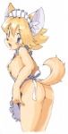 anthro apron apron_only biped blonde_hair blue_eyes blush bodily_fluids breasts butt clothing female fur hair headdress looking_at_viewer mostly_nude open_mouth pose raised_tail side_boob simple_background solo standing sweat sweatdrop tail oyatsu cyberconnect2 little_tail_bronx solatorobo flo_financier canid canine caninu canis chihuahua domestic_dog mammal toy_dog 2011