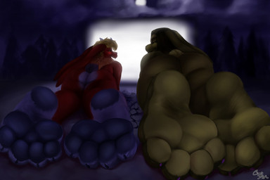3_toes 4_toes anthro barefoot black_pawpads blonde_hair blue_pawpads brown_body brown_fur butt claws cloud duo electronics feathers feet floppy_ears foot_fetish foot_focus forest fur green_body green_eyes hair horn humanoid_feet long_ears lying male moon multicolored_body nature nature_background night nude on_front outside pawpads paws plant plantigrade rear_view red_body red_feathers red_fur sky soles tail television toe_claws toes tree yellow_body yellow_fur cinnahbunn mythology ammi_(cinnahbunn) cirez dragon hybrid lagomorph leporid mammal mythological_creature mythological_scalie rabbit scalie signature
