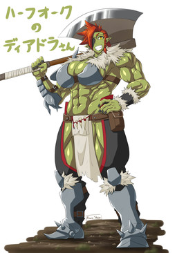 abs armor axe battle_axe biceps big_breasts bottomwear breasts clothing deltoids eye_patch eyewear female grin hair holding_object holding_weapon humanoid_pointy_ears loincloth melee_weapon muscular muscular_female muscular_humanoid not_furry orange_hair pointy_ears quads simple_background smile solo text weapon weapon_on_shoulder white_background yellow_eyes shijimi432 humanoid orc 2019 absurd_res hi_res japanese_text translated