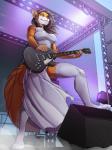 anthro breasts brown_hair clothed clothing dress electric_guitar female fur guitar hair legwear musical_instrument plucked_string_instrument solo stage string_instrument thigh_highs twinkle-sez gibson les_paul cassie_the_rock_vixen canid canine fox mammal red_fox true_fox 2019 3:4 hi_res