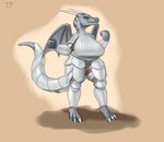 anthro armor big_breasts breasts clothed clothing female genitals horn huge_breasts no_underwear pussy smile solo squish standing tail thick_thighs thigh_squish wide_hips testowepiwko mythology carnelia_(argentum48) dragon mythological_creature mythological_scalie scalie absurd_res hi_res