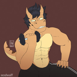abs anthro black_bottomwear black_clothing black_hair black_pants bottomwear brown_background clothed clothing exercise fangs hair horn looking_aside male muscular muscular_anthro muscular_male navel orange_body orange_horn pants pecs short_hair simple_background sitting solo tail teeth topless weightlifting workout yellow_body acidwuff mythology dragon mythological_creature mythological_scalie scalie 1:1 hi_res