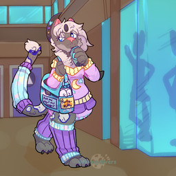 anthro bottomwear clean_diaper clothed clothing detailed_background diaper diaper_bag diaper_under_clothing drinking female folded_diaper fur furgonomics grey_body grey_fur leg_warmers legwear mall shopping skirt solo standing sweater tail tail_clothing tail_warmer topwear walking wearing_diaper flimsy_rivers felid feline mammal 1:1 hi_res